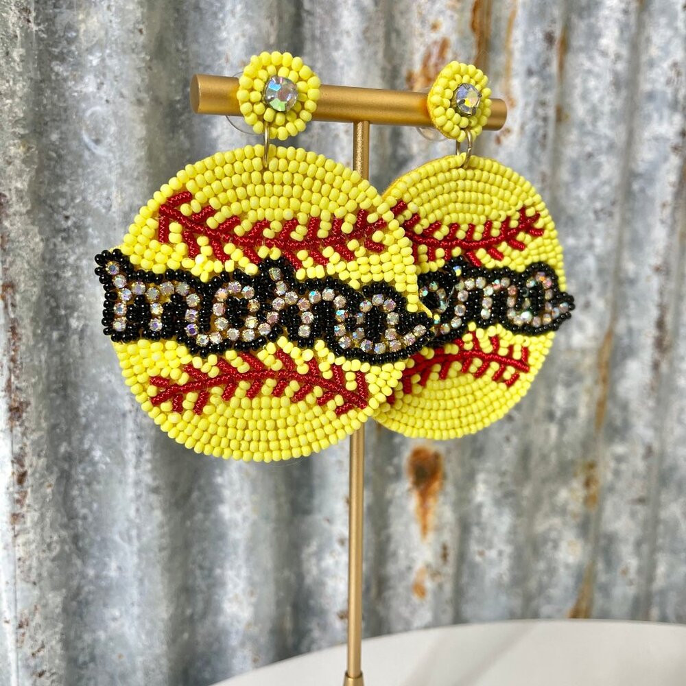 Softball MAMA Mom NEW Sporty Rhinestone Bling Seed Beaded Statement Earrings - Picture 2 of 4